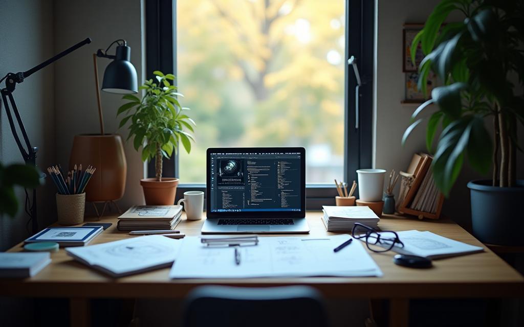 Modern design workspace with tools and sketches